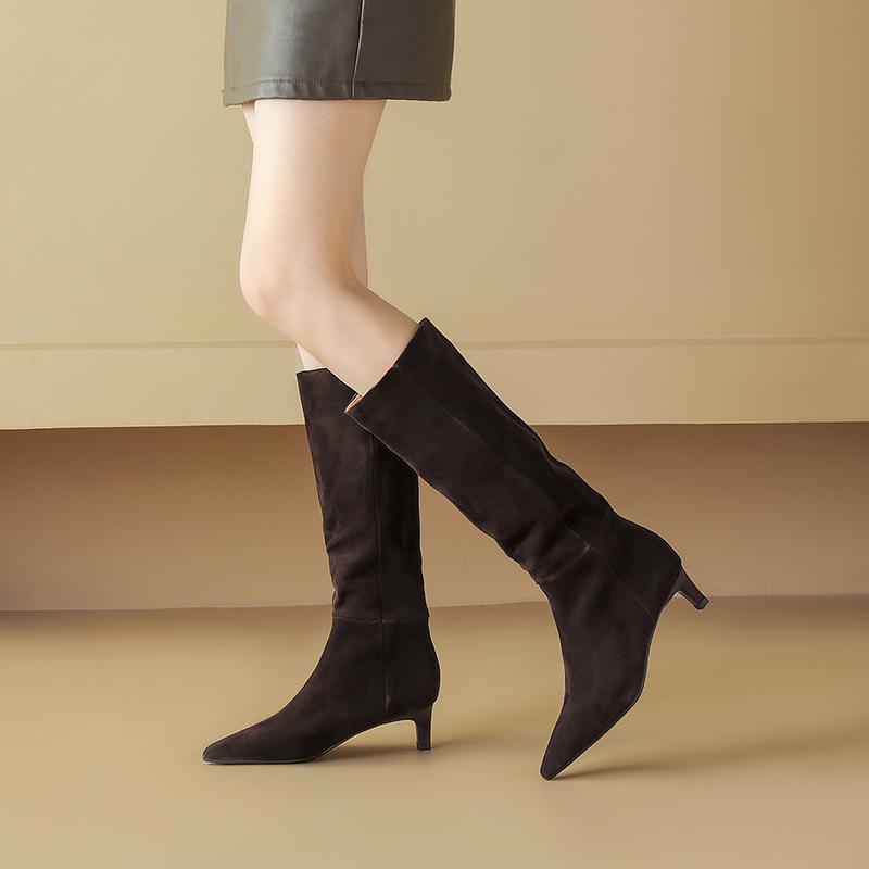 Fashion 2025 New Autumn Knee-high Boots Cow Suede Leather Women Shoes Pointed Toe Slip-on Western Modern Boots Thin Heel Long Boots