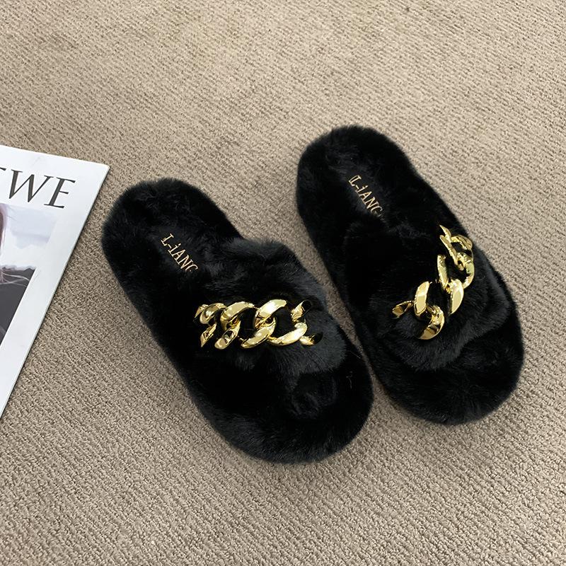 Popular Mao Mao Slippers Women's Outer Wear Chain Thick Bottom Increases Height Spring and Summer Fashion Going Out Plush Cross Autumn and Winter