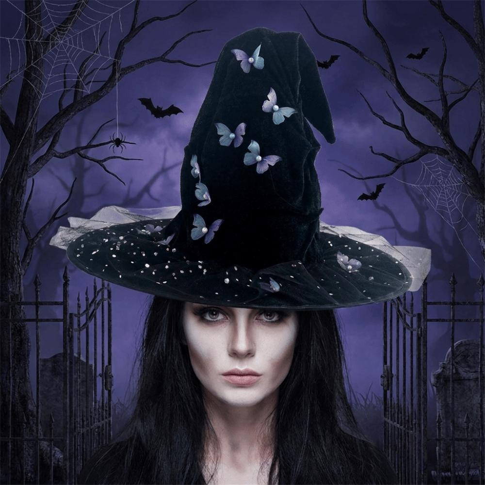 Black Halloween Witch Hat Velvet Halloween Black Cap Butterfly Wizard Cap Halloween Party