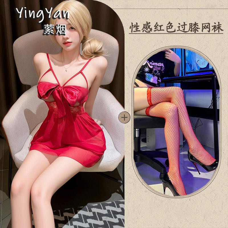 Sex underwear Sexy women's uniform Hollow suspender skirt Bed pure desire suit Large size strap butterfly skirt with steel ring