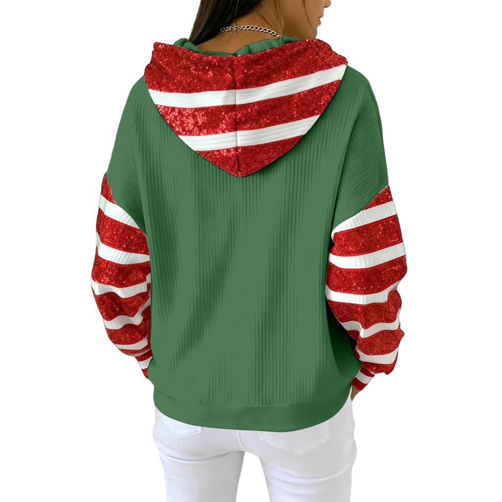 Женское свободное и удобное худи с V-образным вырезом на кулиске и длинными рукавами с рождественским принтом