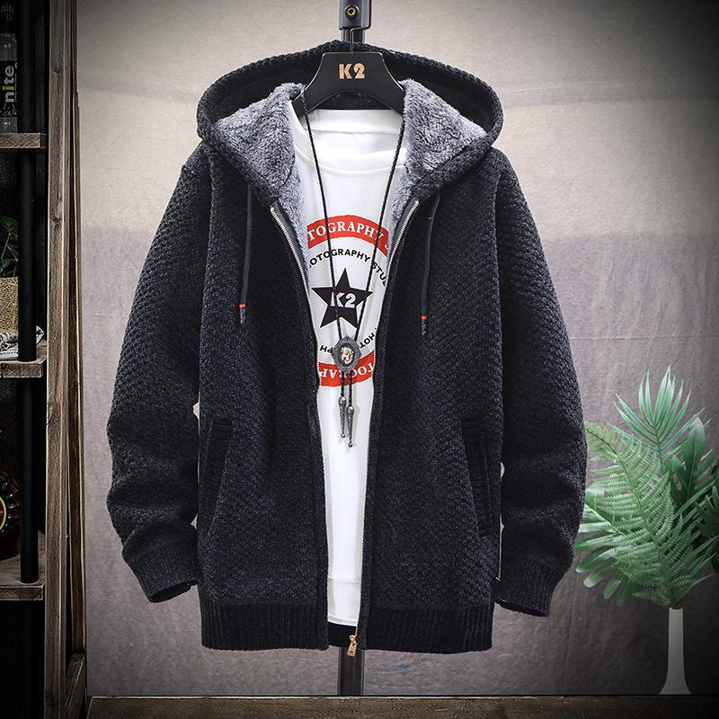Мужская куртка из синели в корейском стиле с капюшоном — зимняя однотонная, повседневная, теплая, плюс бархат, кардиган на молнии.