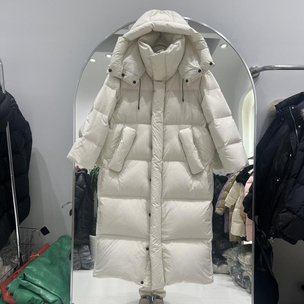 МОДА Длинная куртка с капюшоном выше колена, женская, зимняя, 2024, новая, свободная, большая, стеганая, белая, утепленная куртка на утином пуху, одежда