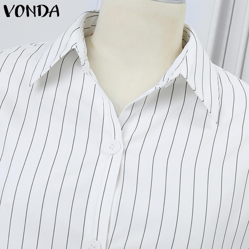 VONDA Женские винтажные однотонные полосатые платья-рубашки с длинным рукавом