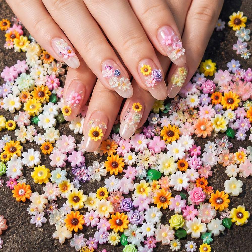 50Pcs Colorful 3D Stereo Flower Nail Charms Multifloral Resin Nail Studs Handmade Acrylic Nail Decor Supplies