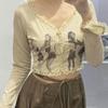 2KWEIRD Y2k Clothes Retro Campus Style Print Slim Long-Sleeved Summer Design Lace Short Cardigan Top Grunge Clothes Ropa Mujer