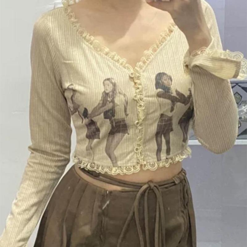 2KWEIRD Y2k Clothes Retro Campus Style Print Slim Long-Sleeved Summer Design Lace Short Cardigan Top Grunge Clothes Ropa Mujer