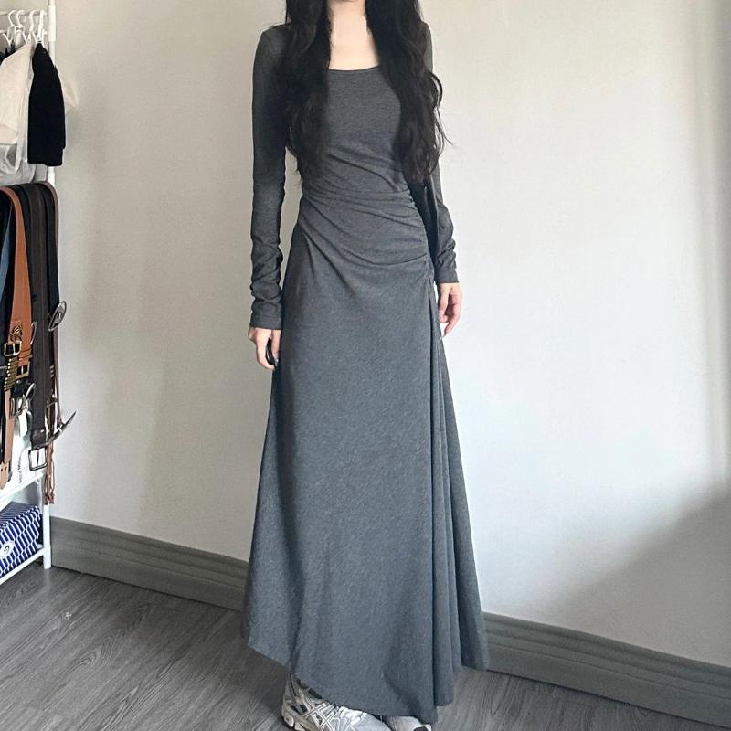 Нестандартное длинное платье Y2k для женщин с высокой талией, рукавами, однотонное, базовое, элегантное, корейское, модное, уличная одежда, минималистичное, сексуальное, винтажное