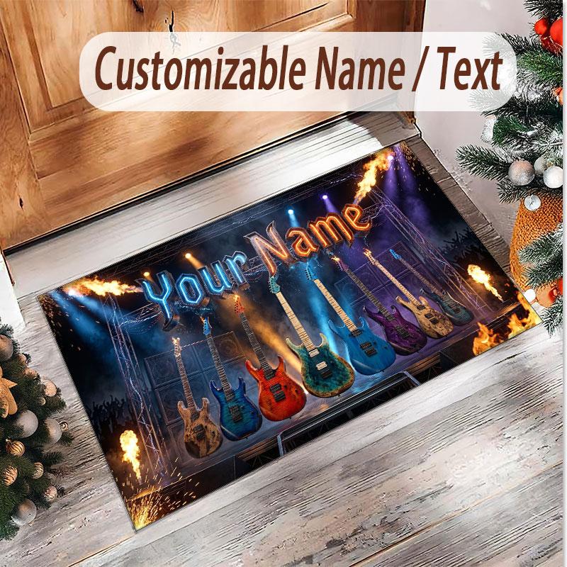 Music Guitar Theme Soft Crystal Velvet Rug Custom Name & Text Print Non Slip Floor Rug for Bedroom Living Room