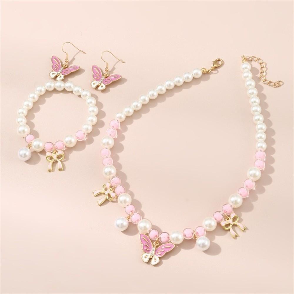 Butterfly Pendant Necklace Hand Chain Pink Pearl Beaded Ear Pendants Children's