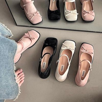 Летние новые ретро туфли-лодочки на толстом каблуке в французском стиле с бантом, корейская версия, нежные туфли на среднем каблуке