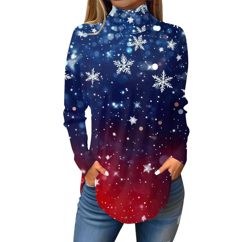Женская модная повседневная футболка с высоким воротом и рождественским принтом, длинный рукав, пуловер, топ