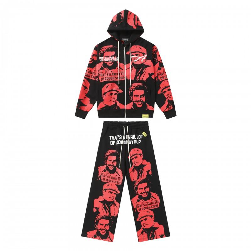 Unisex Streetwear Hooded Zip-Up Sweatshirt Jogger Set Cotton Loose Fit Casual Outfit