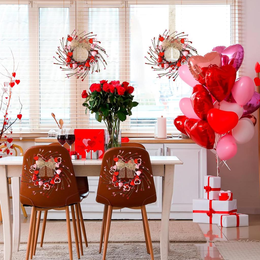 4 Pcs Valentines Day Wreaths Kitchen Cabinet Wreaths Farmhouse Artificial Red Pink Heart Berries Mini Valentine's Day Windows Wreaths for Front Door