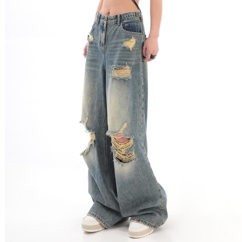 Women's Spring and Summer Broken Jeans Straight Loose Wide-leg Pants