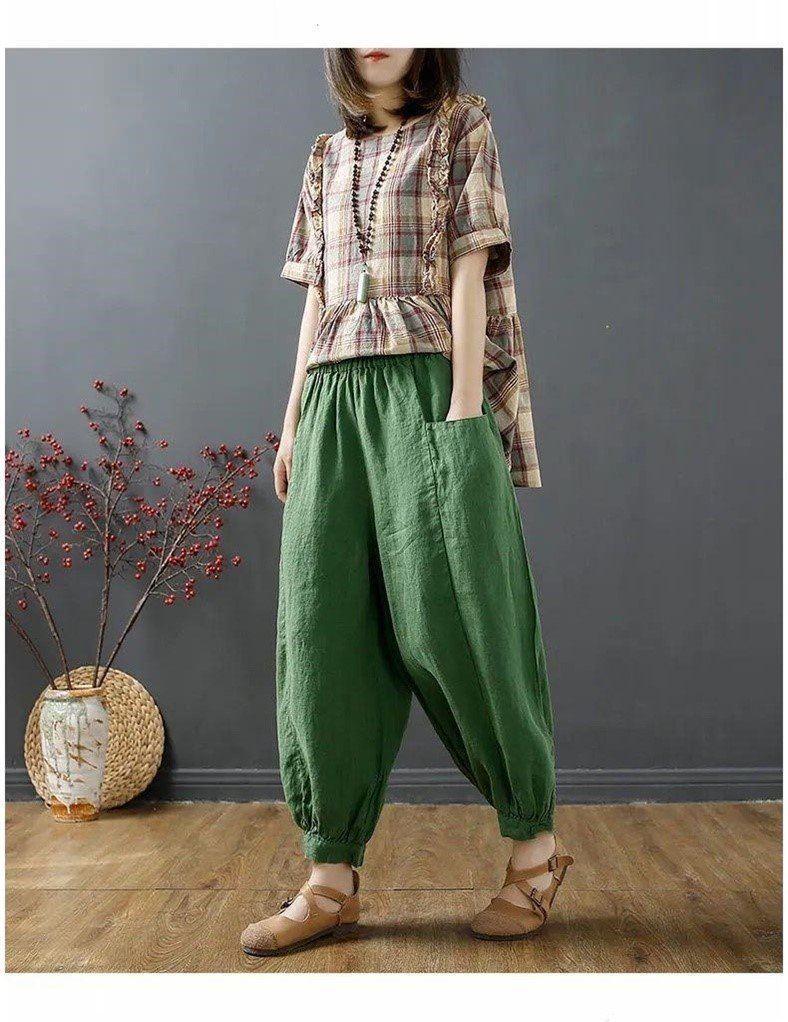 Women's Summer 100% Cotton Linen Lantern Pants - Casual, Loose, Nine-Point, Tie-Cuff Harem Style