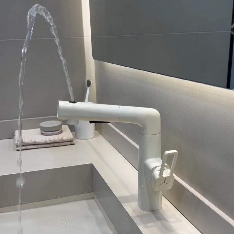 All copper Lamian Noodles basin milk white hot and cold faucet household lift bathroom gun ash wash basin wash basin faucet