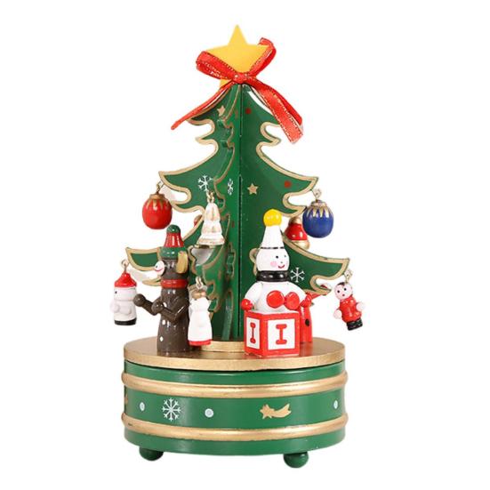 Wooden Christmas Tree Music Box Rotating Music Box Holiday Desktop Figurine for