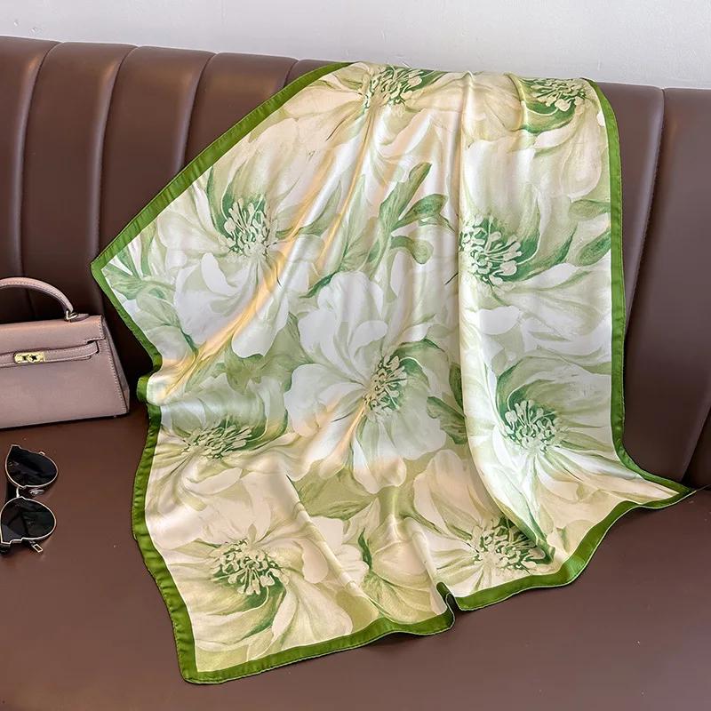 New Luxury Floral Print Silk Square Scarf for Women Soft Satin Kerchief Hairband Female Headband Hands Bag Ribbions Head Hijab