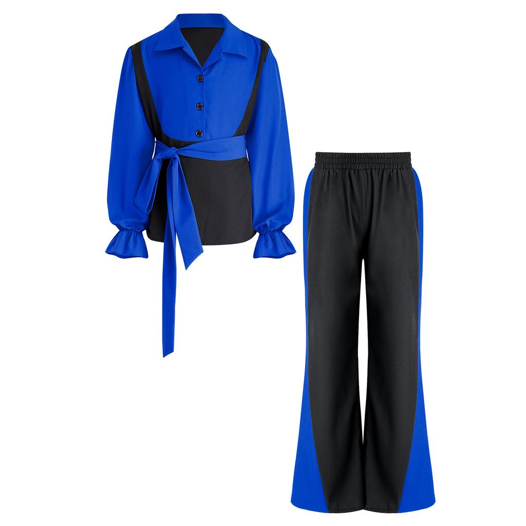 Boys Flamenco Dance Outfit Color Block Turn Down Collar Long Puff Sleeve Pullover Shirt Elastic Waistband Pants Belt