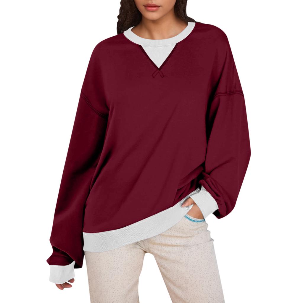 Женская толстовка большого размера с цветными блоками, толстовки с длинным рукавом, рубашка с круглым вырезом, осенний пуловер, топ, модная одежда