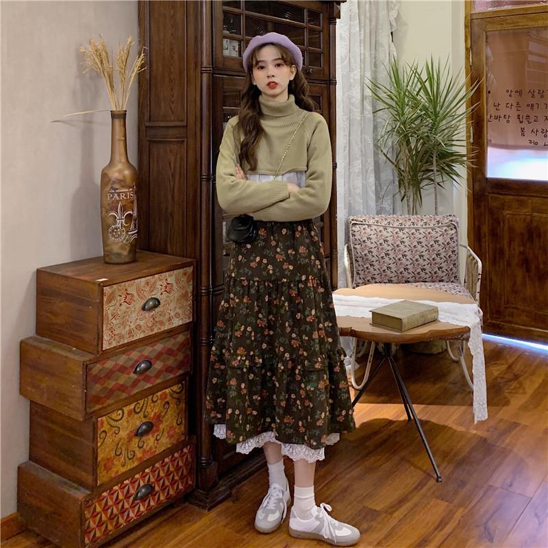 Новая японская женская юбка-миди Mori Girl с высокой талией, темно-синяя, коричневая юбка с цветочным принтом и кружевными оборками, винтажная элегантная вельветовая юбка