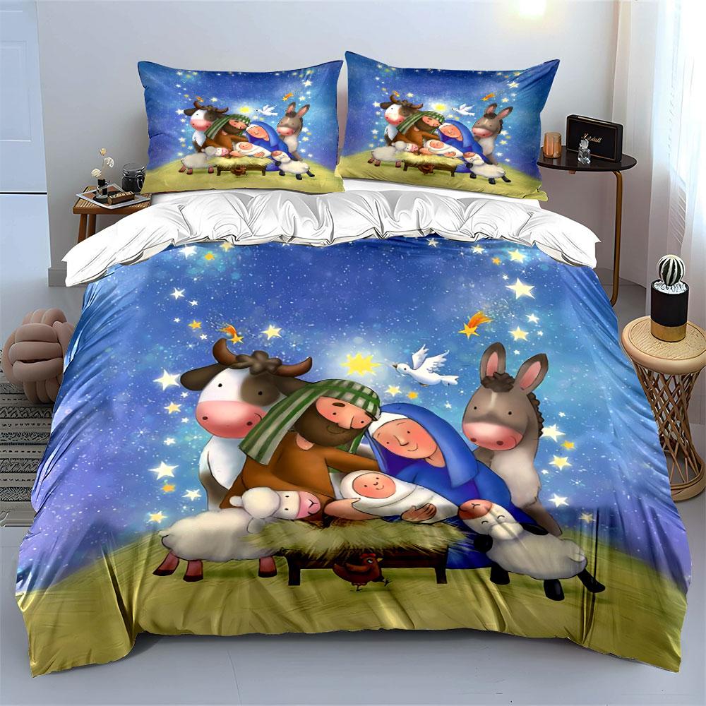 Nativity Scene with Animals Bedding Duvet Cover Set Duvet Cover Pillowcases (1*Duvet Cover 2*Pillowcases, without duvet insert)