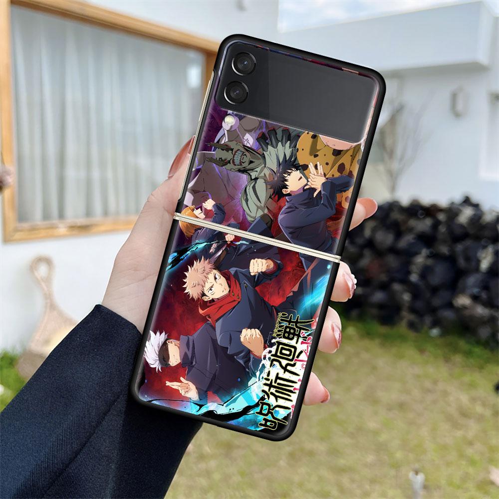 Роскошный чехол для Samsung Galaxy Z Flip 4 3 5G Черные жесткие ПК чехлы для телефона Модная задняя крышка ZFlip Funda Jujutsu Kaisen Аниме-оболочка