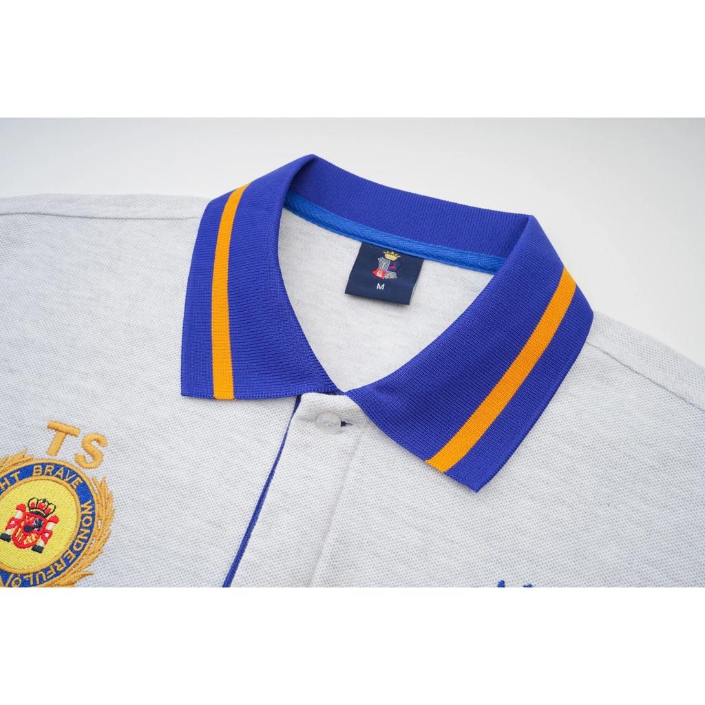 Мужская рубашка поло с длинным рукавом серого цвета с синими и желтыми акцентами, с логотипом и вышивкой «Мадрид»