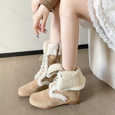 Модные женские плоские зимние сапоги, зимняя мода, перекрестная шнуровка, уличные нескользящие плюшевые ботинки, удобные, увеличивающие рост, винтажные сапоги до середины икры