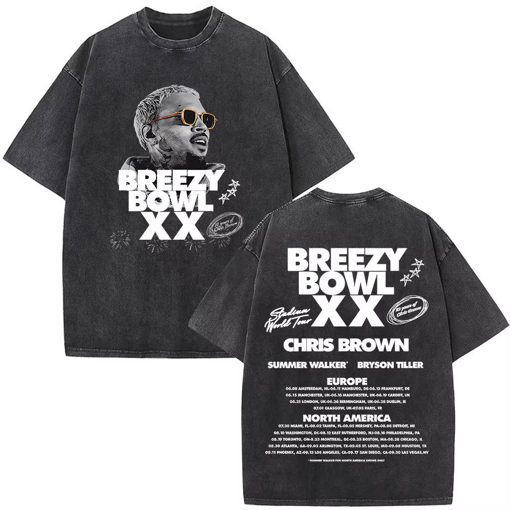 Футболка Chris Brown Breezy Футболка Breezy Bowl Тур XX Винтажные стираные футболки Мужская мода Хип-хоп Футболка с коротким рукавом Уличная мода