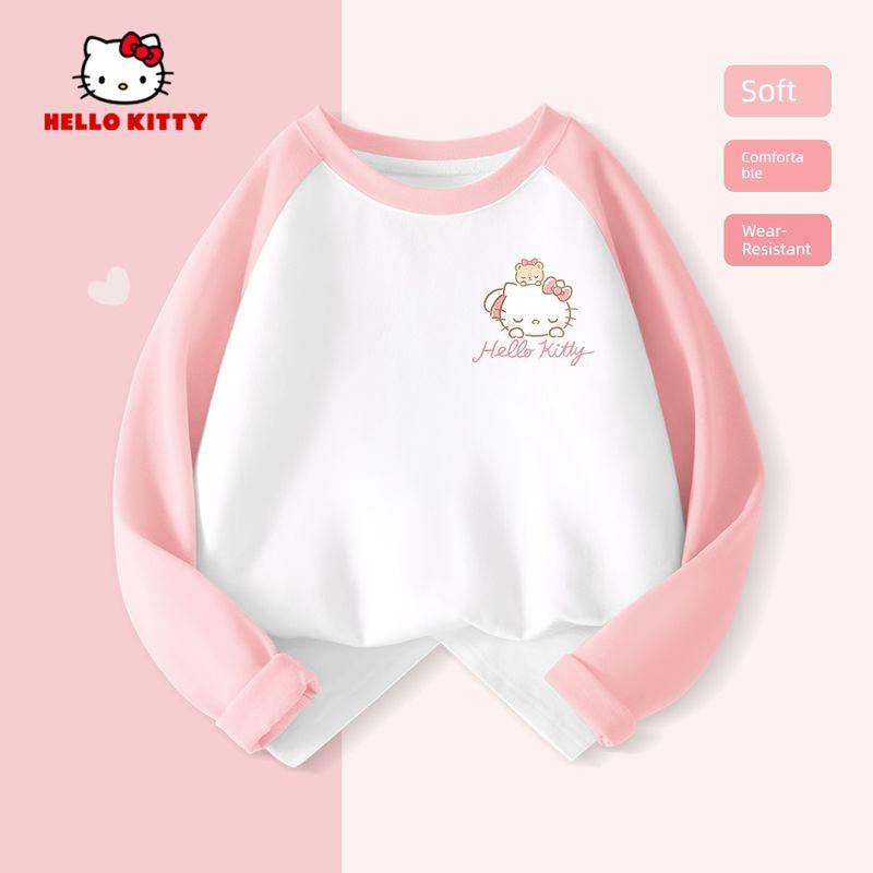 Однотонная базовая футболка для девочек Hello Kitty, Новинка Осени 2024, Лонгслив для девочек постарше, Детское нижнее белье