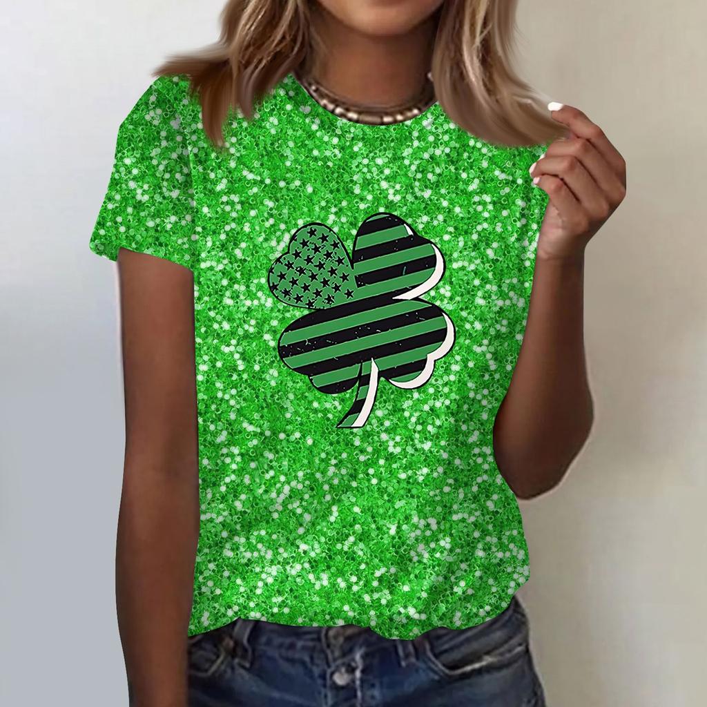 Women's  Casual Short Sleeve Shirts Fashion St Patrick's Print Tunic Tops With Pockets