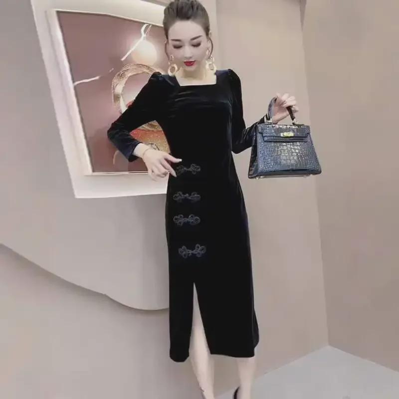 Женское платье с разрезом из черного золотого бархата: 2024 Осень/Зима Чонсам, юбка в стиле ретро