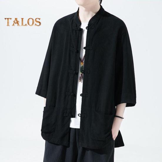 Мужская рубашка в китайском стиле, свободная рубашка в стиле ретро на пуговицах с карманами, хлопковая льняная дышащая летняя рубашка для уличных вечеринок и путешествий