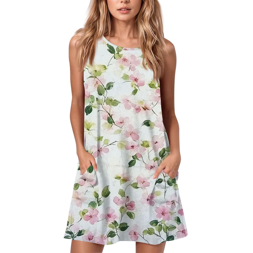 Женское летнее повседневное платье с круглым вырезом и принтом, платье без рукавов с карманами