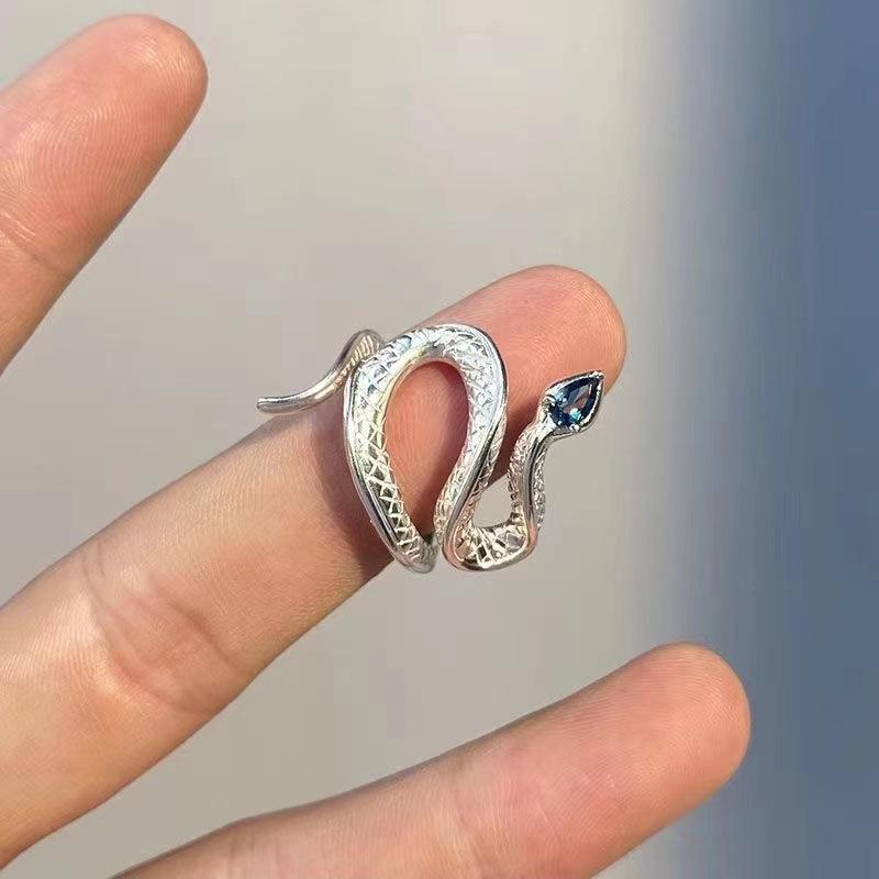Sea Blue Topaz Snake Opening Ring with Creative Niche Design, Ins Cool Style Ring