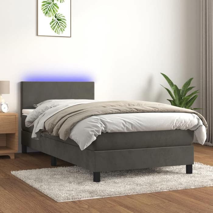 Sommier tapissier avec matelas - 90x190cm - Tête de lit réglable - Bande LED colorée - Velours gris foncé