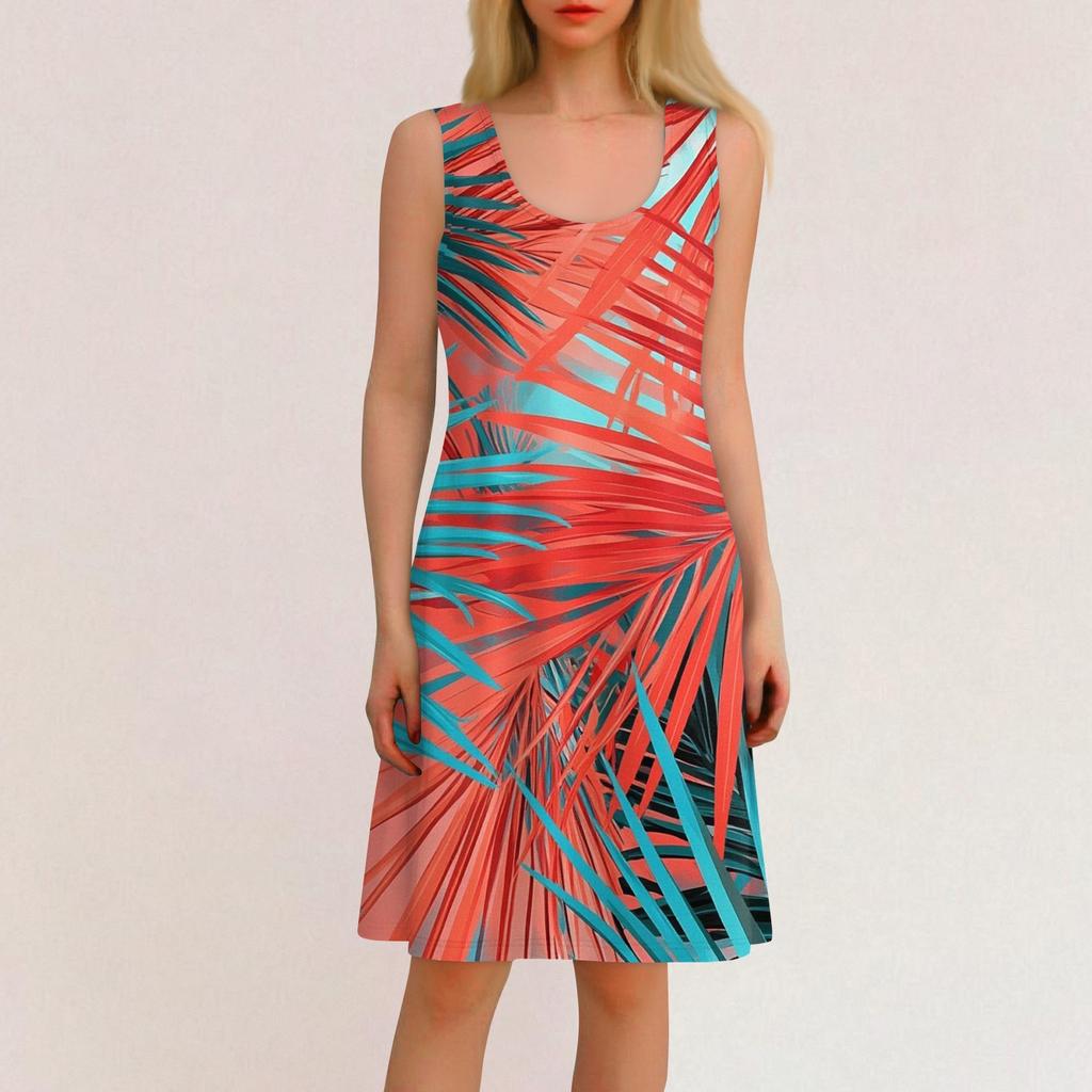 Женское повседневное гавайское праздничное платье с принтом и U-образным вырезом без рукавов, пляжное платье