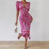 Summer Women's Dress Deep V Neck Sexy Floral Bubble Sleeve Waisted Pleated Hip Dresses