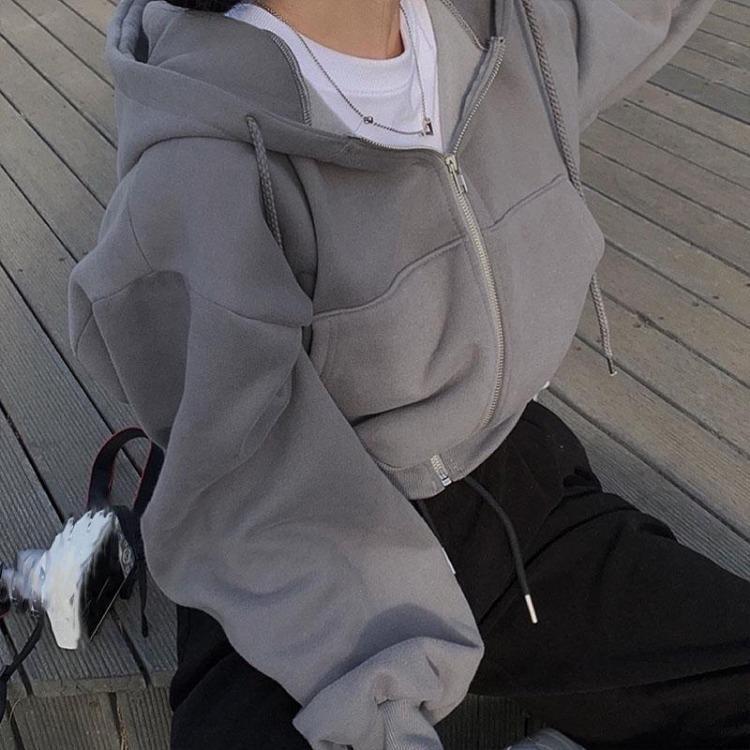 Vintage Korean Women Oversized Zip Up Hooded Jacket Long Sleeve Harajuku Fashion Solid Color Sweatshirt Autumn