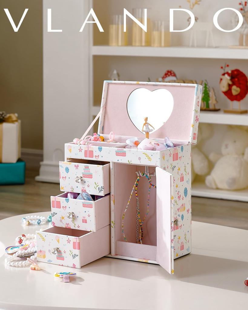 Музыкальная шкатулка для драгоценностей Vlando с большим зеркалом, идеально подходит для балерин или принцесс, вместительная, 3 ящика, для дочерей, для концертов,