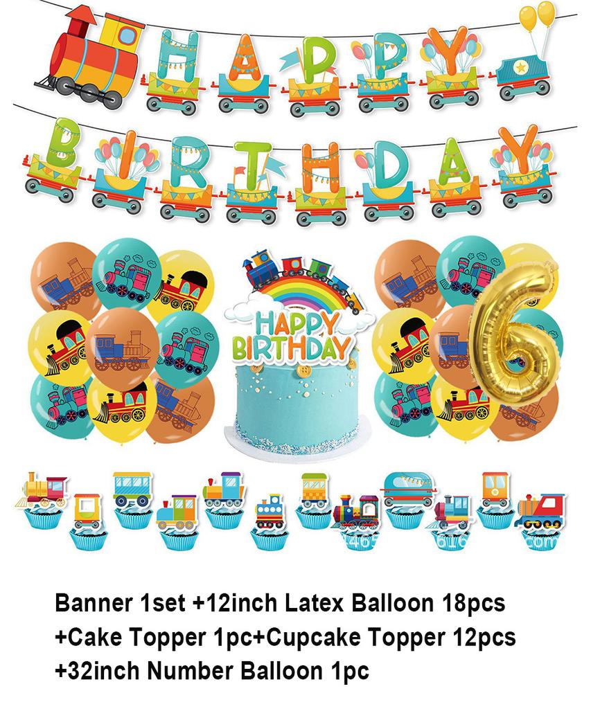 Cartoon Train Theme Birthday Party Decoration Number Balloons Cake Topper Transportation Vehicles Backdrop Banner Party Supplies