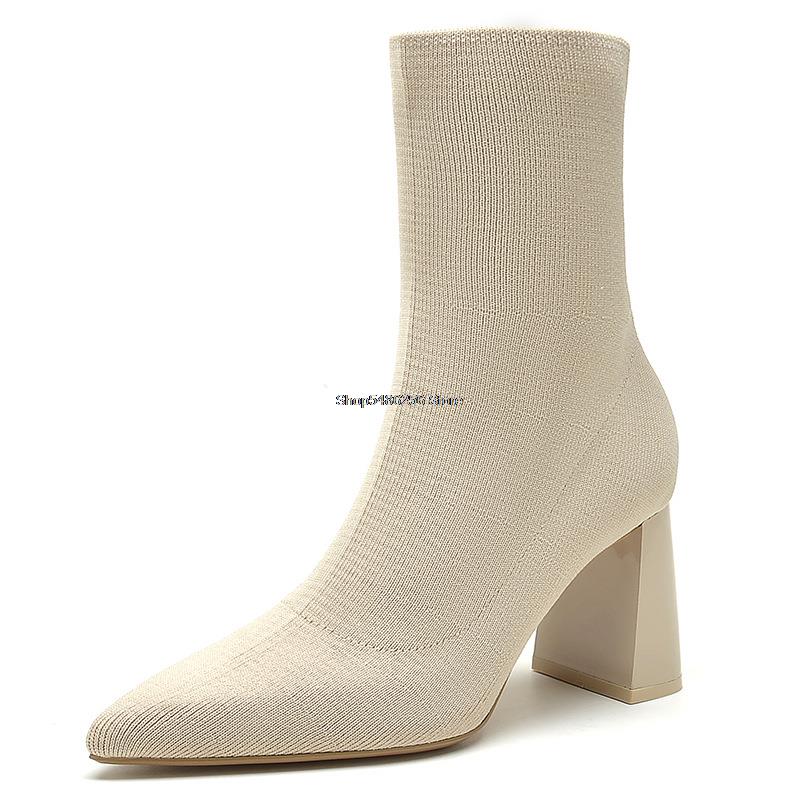 2024 зимние сапоги-носки женские туфли остроносые вязаные эластичные сапоги женские сапоги модные толстые каблуки женские короткие сапоги на высоком каблуке