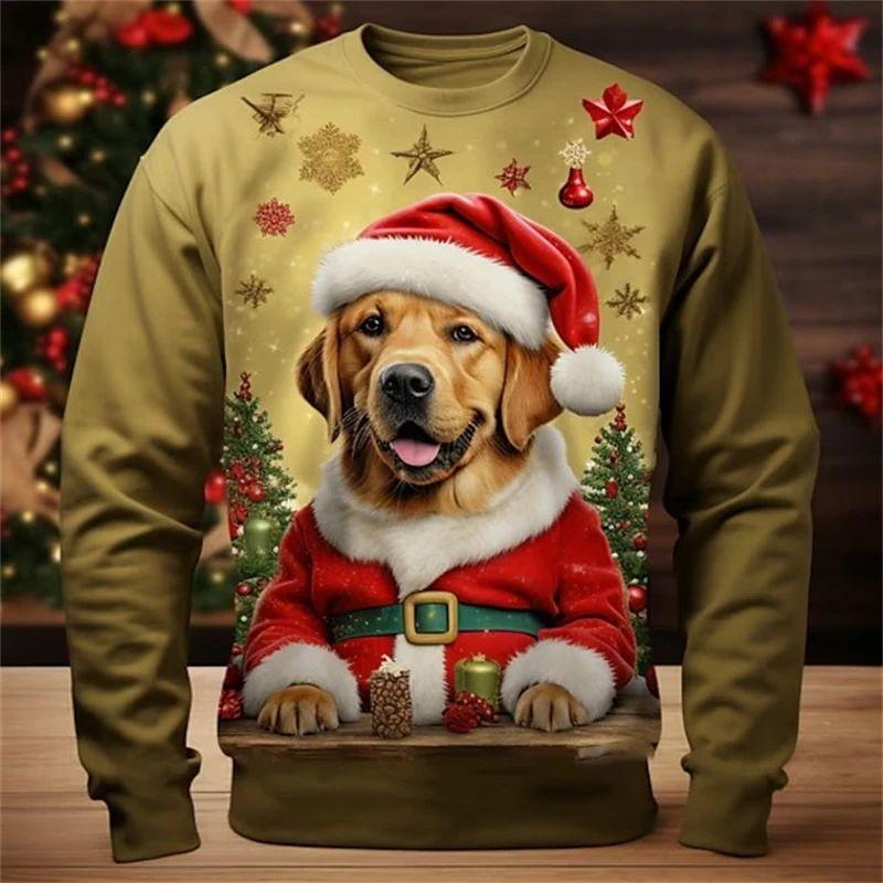 New Spring and Autumn Men's Fashion Interesting New Year Santa 3D Printed Long Sleeve Round Neck Plus Size Loose Breathable Top