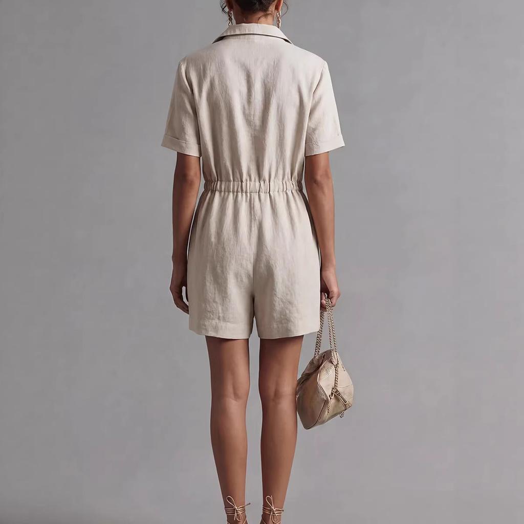 Cross-border European and American casual onesie shorts women's 2026 new short-sleeved waist loose and thin cotton and linen casual wide legs