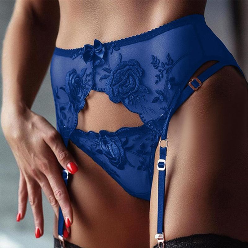 Большой размер Вышивка Сетка Прозрачный Пояс для чулок со стрингами Женское сексуальное нижнее белье Застежка сзади Регулируемые подвязки до бедра