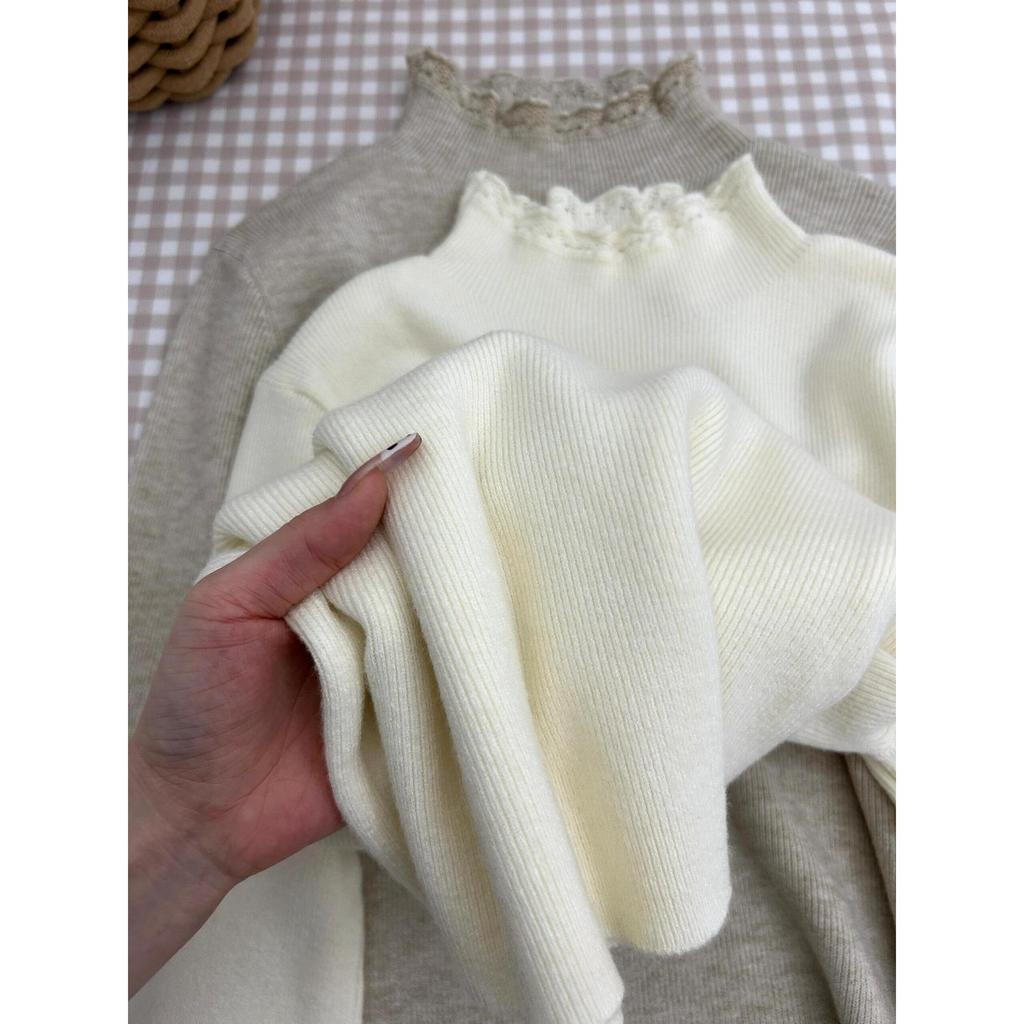 Женская трикотажная базовая водолазка с французским кружевом, осенне-зимний топ с длинными рукавами, мягкий восковой повседневный свитер