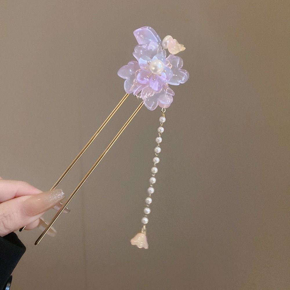 Exquisite Flowers Pearl Tassel Hairpin Fashion Flower Headdress Ancient Style Hair Stick  Hanfu