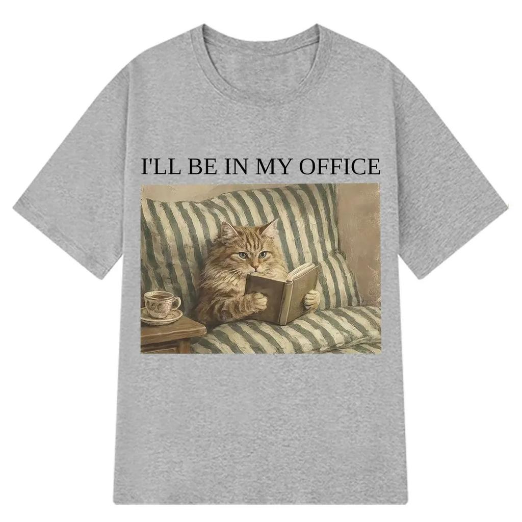 Летняя футболка с коротким рукавом ILLBe in My Office Cat Забавная Кошка Любитель Книг Винтажная Кошка Футболка Женская Модная Футболка
